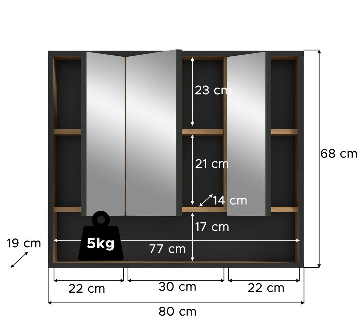 SPIEGELSCHRANK Eiche Artisan, schwarz 3-türig 80 cm, Badschrank mit Soft-Close - Eiche Artisan, Glas/Holzwerkstoff (80/68/19cm) - Inn.Furn