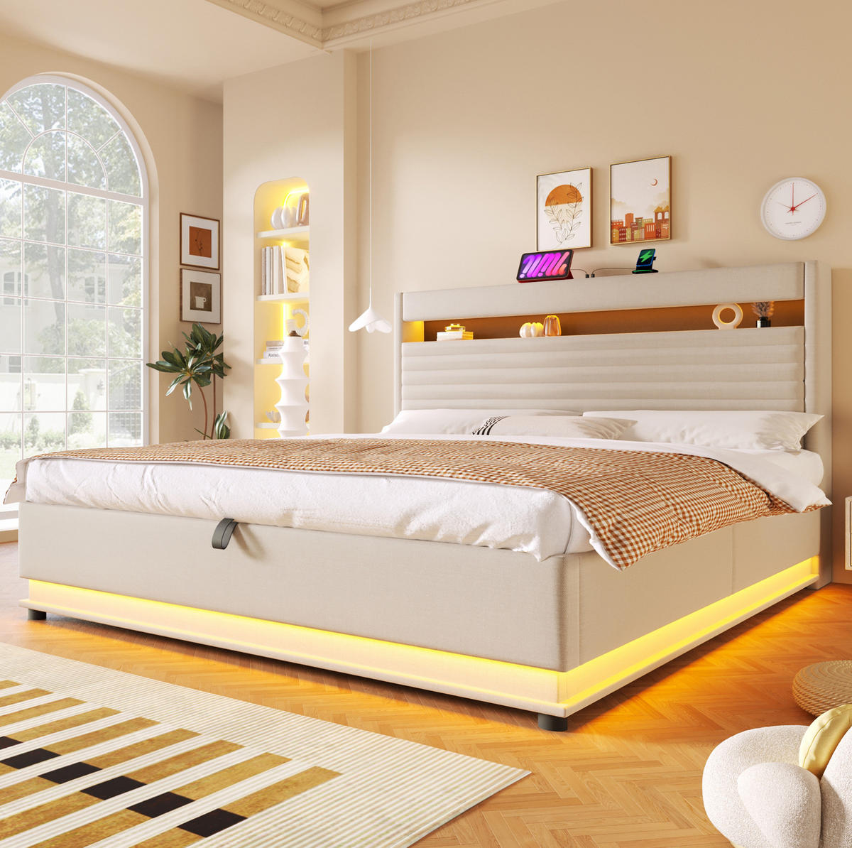 POLSTERBETT 180/200 cm mit LED-Beleuchtung, USB- und Typ-C-Anschluss, hydraulischem Stauraum und Kopfteilfach, Beige - Beige, Textil (180/200cm) - Redom