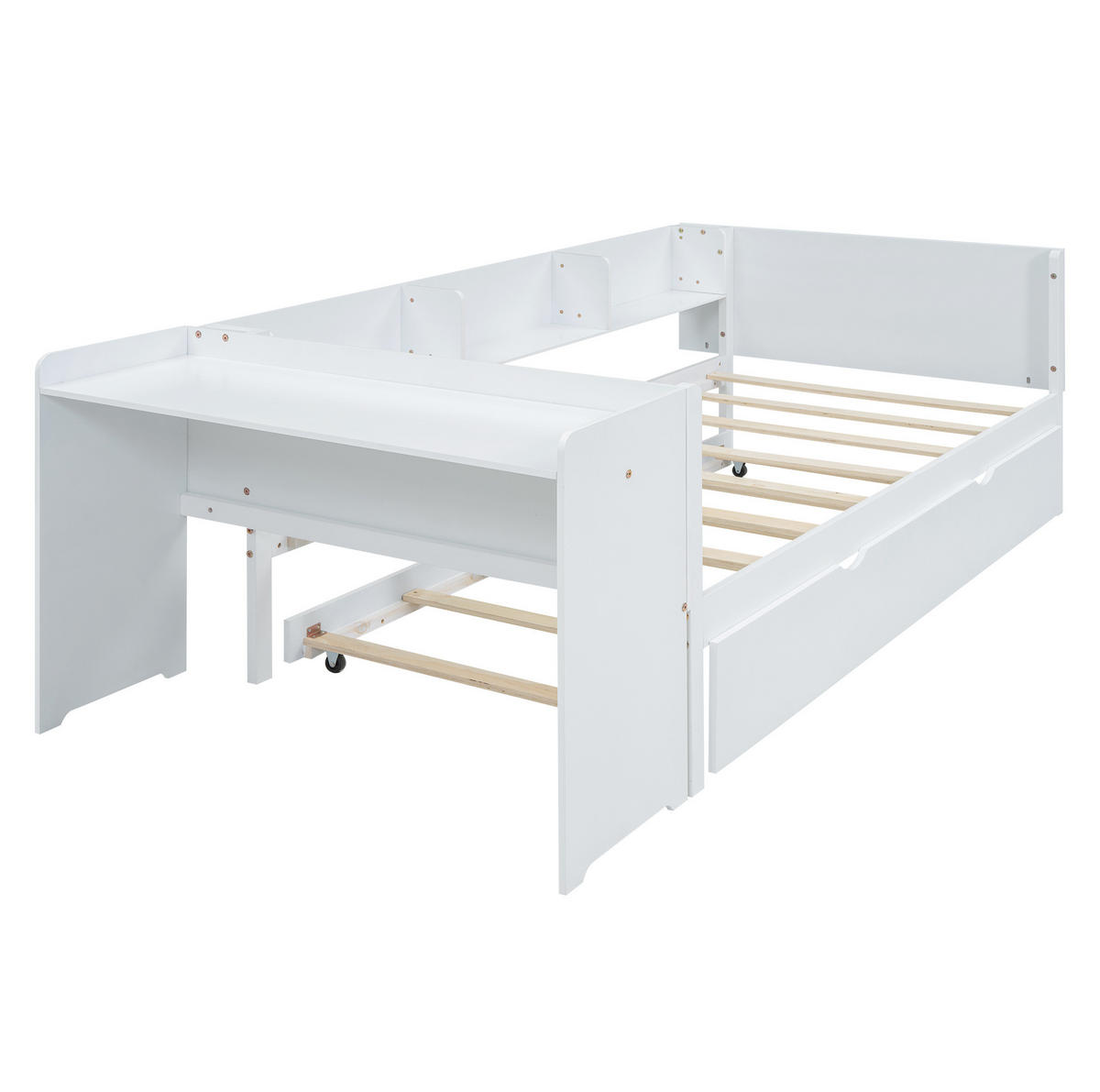 KINDERBETT 90/200 cm Weiß mit Ausziehbett, Schreibtisch und Regalen - Weiß, Holzwerkstoff (90/200cm) - Flora Grace