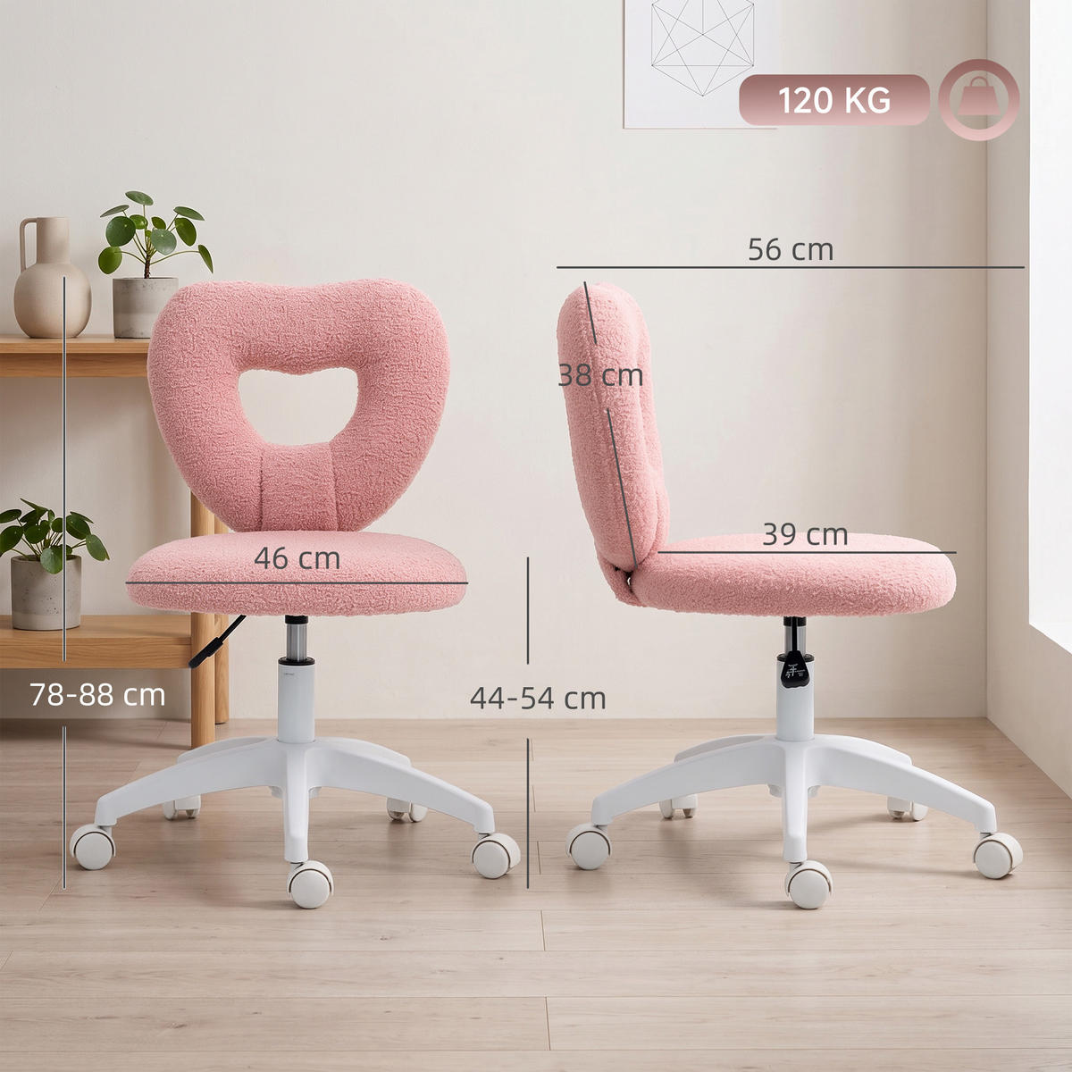 SCHREIBTISCHSTUHL, Bürostuhl, Herzförmige Rückenlehne, gepolstert, Rosa - Rosa, Textil (45/88/56cm)