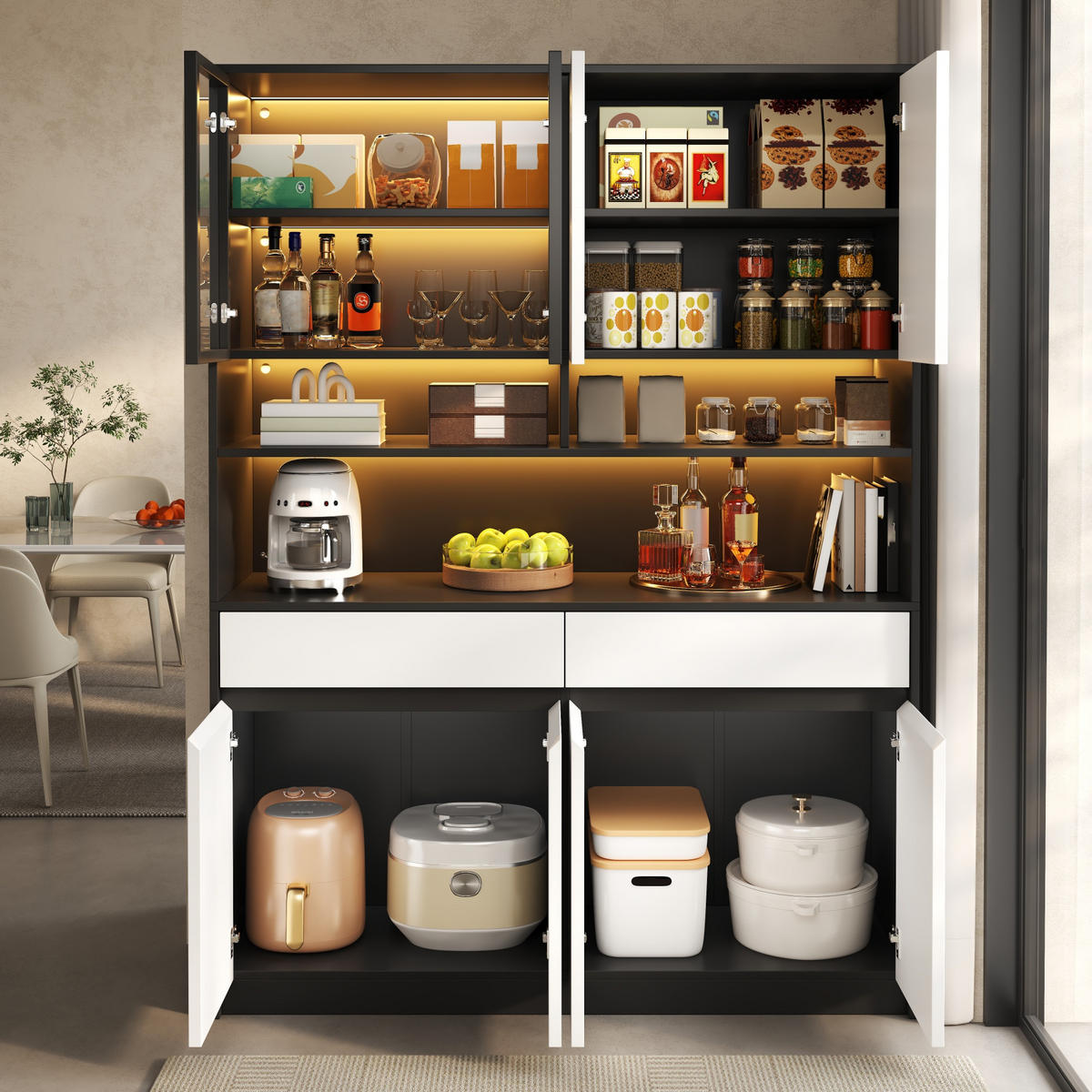 BUFFET Hochschrank mit LED-Glasfach, offenen Ablagen und App-Steuerung - Weiß, Holzwerkstoff (38/160/120cm) - Korfee