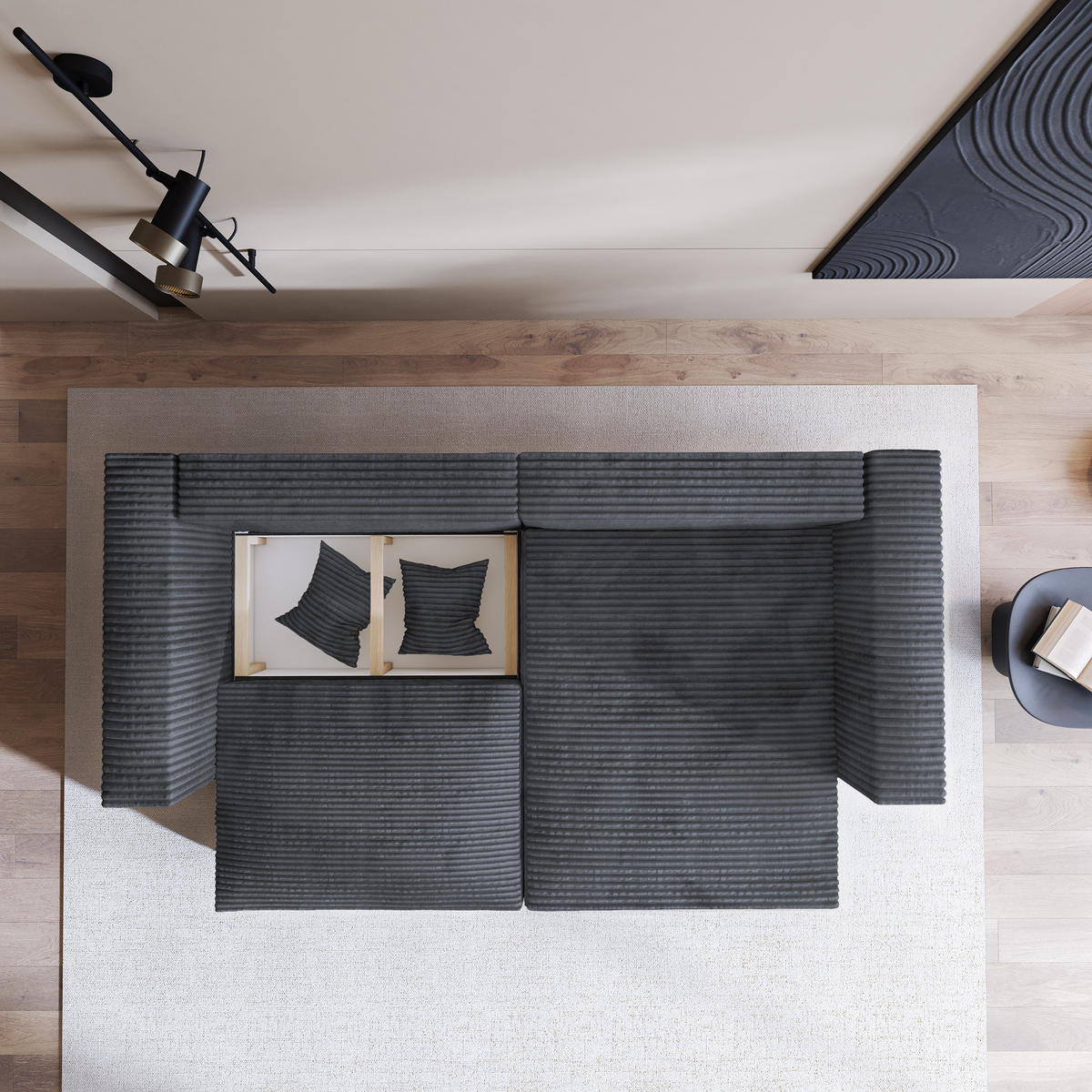 ECKSOFA NERIO Graphitfarben Kordstoff mit Schlaffunktion - Graphitfarben, Holz (245/148cm) - MASSENO