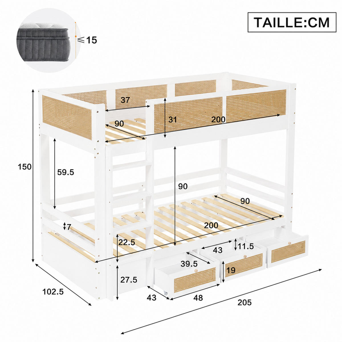 ETAGENBETT 90/200 mit geflochtenem Rattanzaun, 3 Schubladen und Bettgittern in Weiß und Natur - Weiß, Holzwerkstoff (90/200cm) - EVRYAE