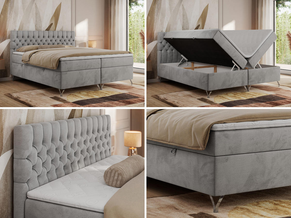 BOXBETT GRIMALDI 180/200 Hellgrau Velvet - H4 - Hellgrau, Holz/Textil (180/200cm) - MKS