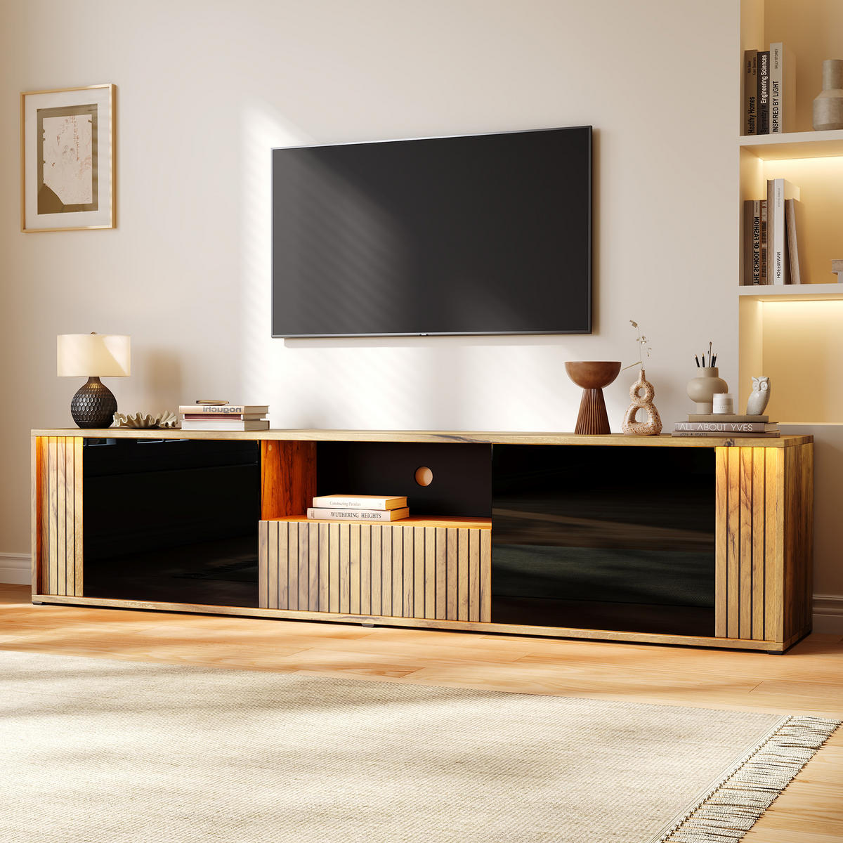 TV-LOWBOARD 180x40x51cm Schwarz Holzfarbe mit LED - Schwarz/Naturfarben, Holzwerkstoff (180/51/40cm) - FLIEKS