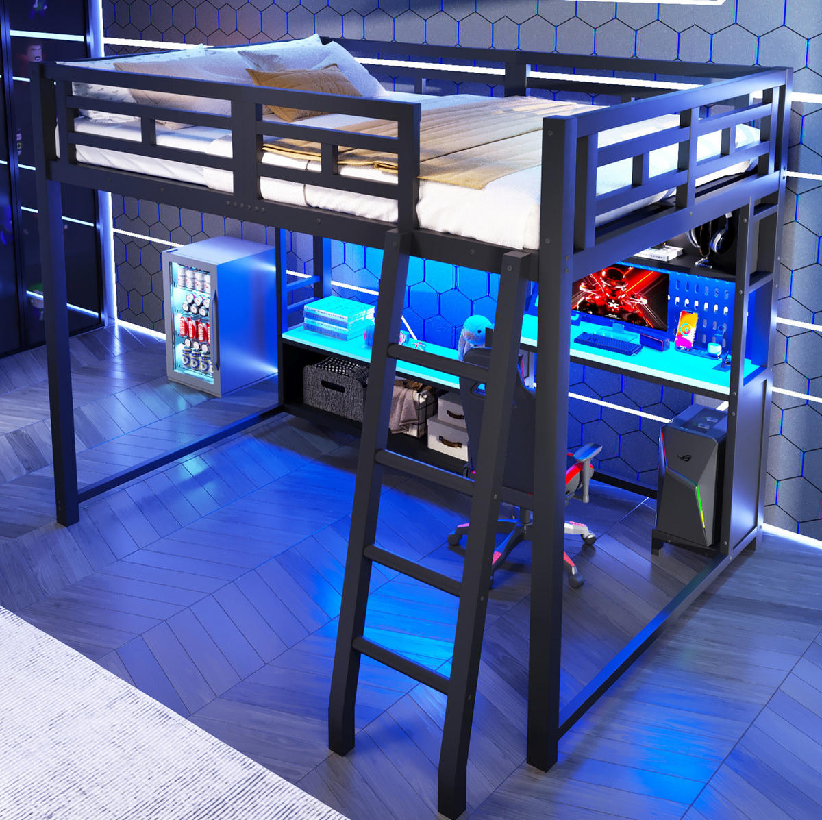 HOCHBETT aus MDF und Metall 140x200 cm Schwarz mit Schreibtisch, LED-Beleuchtung und Regalen im Gaming-Design - Schwarz, Holzwerkstoff (140/200cm) - Modfu