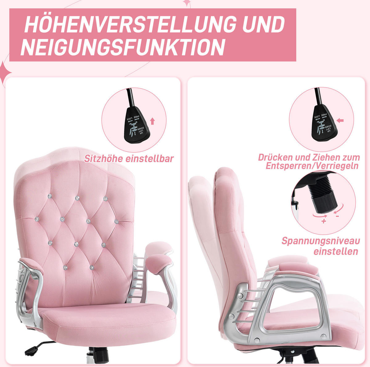 BÜROSTUHL höhenverstellbar mit Wippfunktion Polyester Pink - Pink, Kunststoff (61/114/61cm) - Meubliv