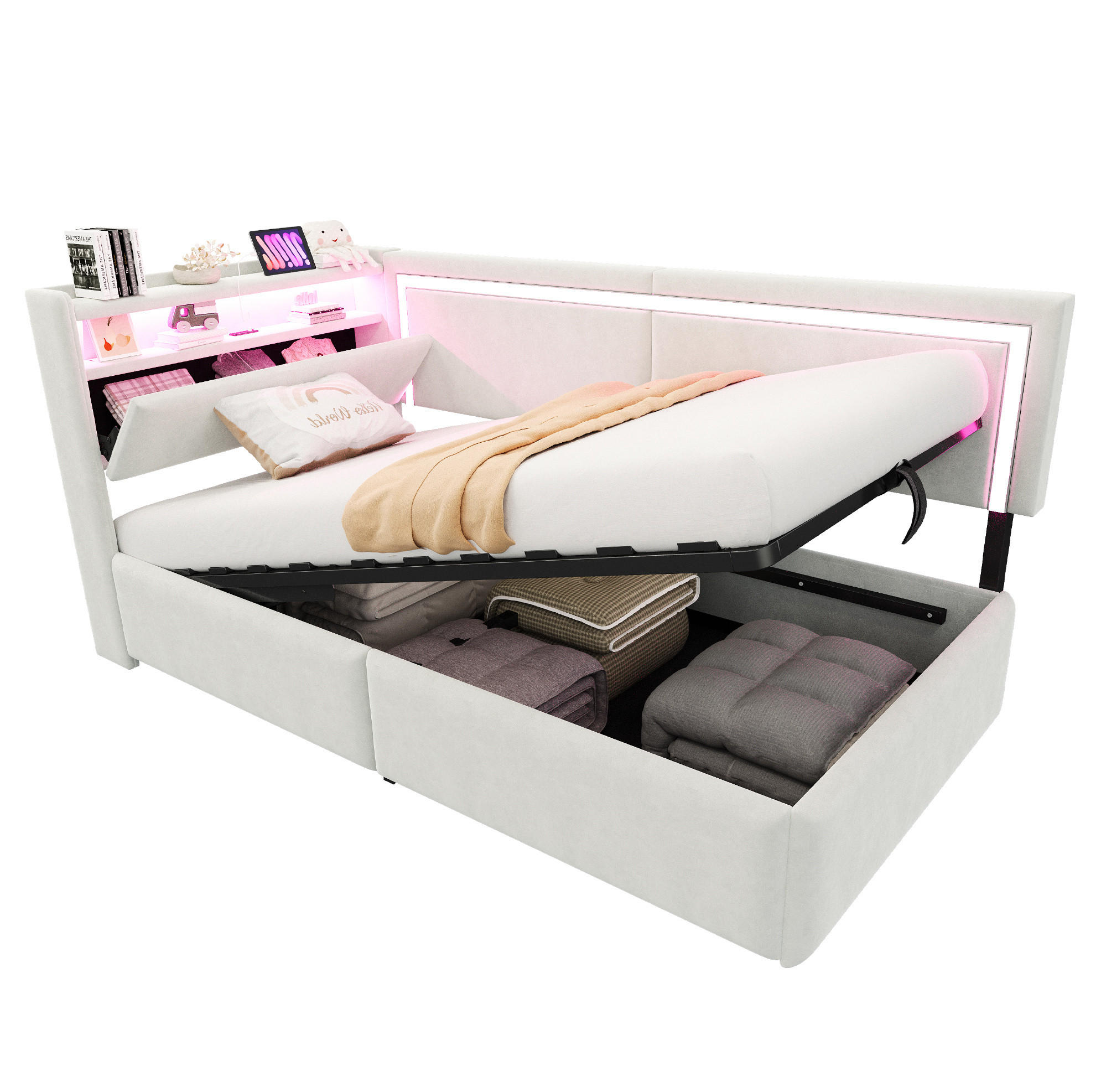 POLSTERBETT Schlafsofa 90/200 cm mit LED-Beleuchtung, USB-Anschluss, Bettkasten und Samtbezug, Beige - Beige, Textil (90/200cm) - Redom