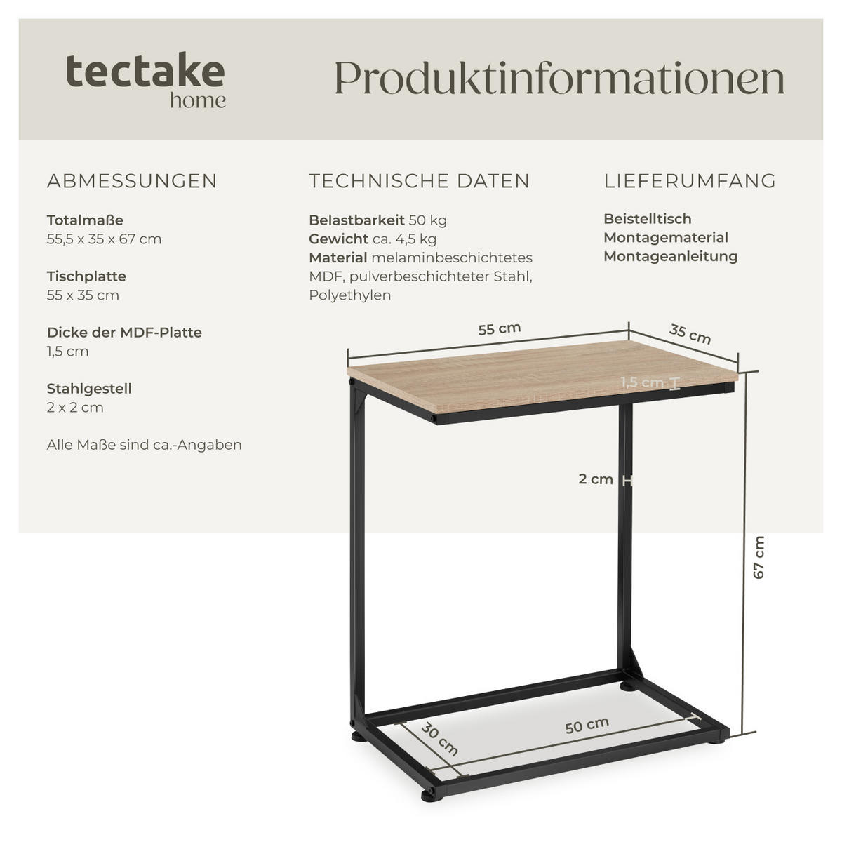 BEISTELLTISCH Cardiff,55,5 x 35 x 67 cm,Industrial Holz hell, Eiche Sonoma - Naturfarben, Holz (35/55.5/67cm) - tectake