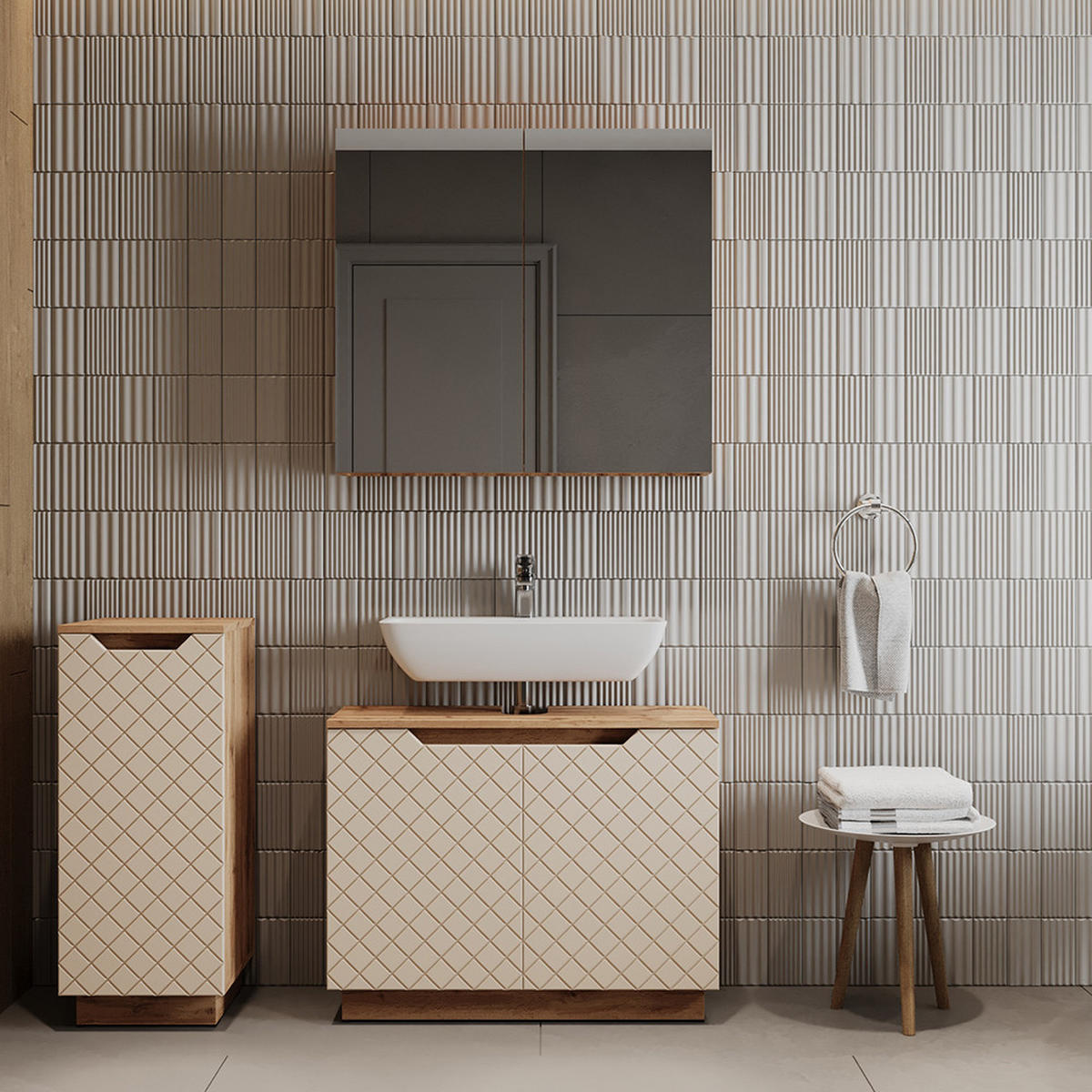 KOUPELNOVÝ NÁBYTEK Lotta Dub/kašmír se strukturou dlaždic - kašmírová, kompozitní dřevo (79.6/62.1/32cm) - Vicco