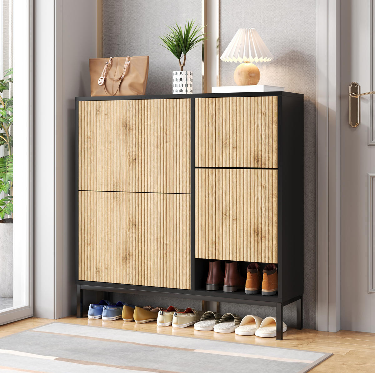 SCHUHSCHRANK mit 2 Schubladen und 2 Türen, strukturierte Paneele mit vergoldeten Akzenten, 100/25/100 cm, Schwarz und Holzfarbe - Naturfarben, Holzwerkstoff (100/25/100cm) - Redom
