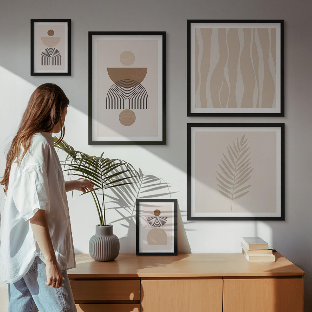 WANDBILDER 5er-Set - 50x50 cm & 20x30 cm & 40x60 cm Schwarzer Rahmen - Abstrakte Formen braun beige - Schwarz, Kunststoff (40/60cm) - ArtPrintCave