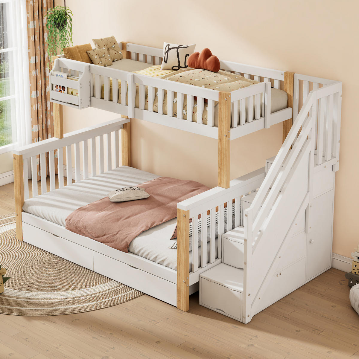 ETAGENBETT 90/200 & 140/200 cm aus Massivholz mit Treppenschrank und Stauraum - Weiß, Holzwerkstoff (90/200cm) - BEAOK