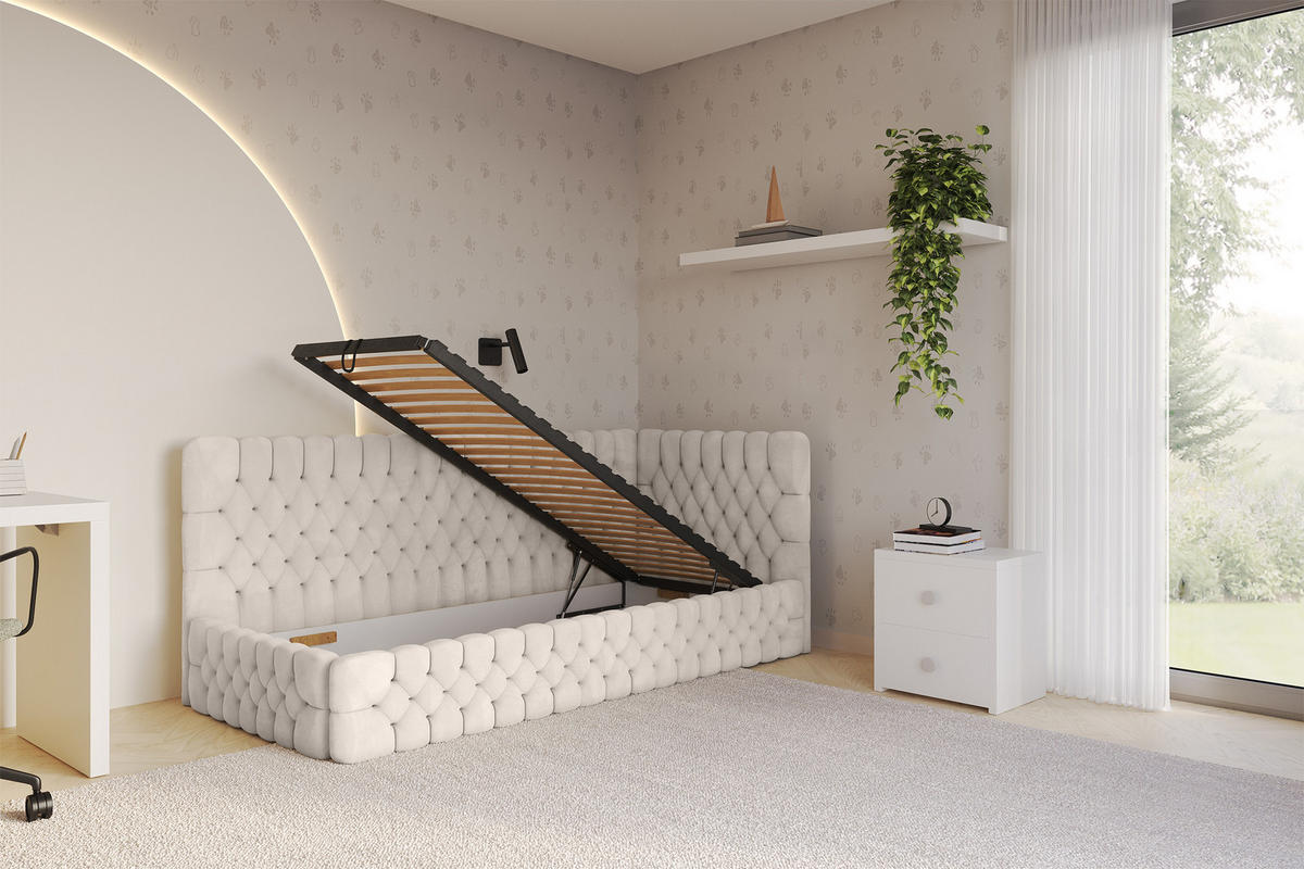 EINZELLBETT Jugendbett mit Bettkasten und Matratze H3/H4, Links - MULY 80x200 Beige - Ecru, Holzwerkstoff/Textil (80/200cm) - ALTDECOR