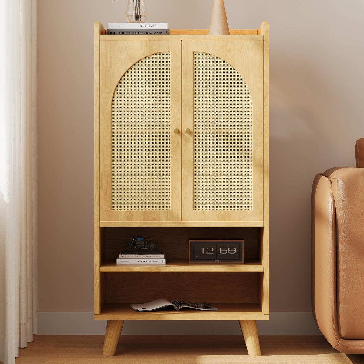 SIDEBOARD Rattan Holz 2 Türen 2 Fächer 60x40x121cm Stauraum - Naturfarben, Holzwerkstoff (40/121/60cm) - FLIEKS