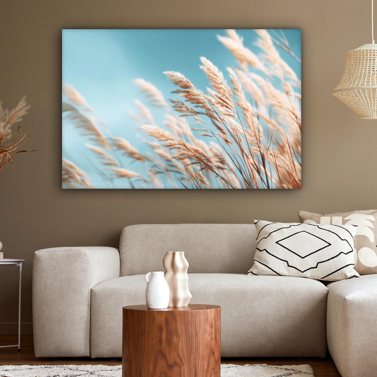 LEINWANDBILD Ziergras - Wind - Hellbraun XXL 150x100 cm - Hellblau, Textil (150/100cm) - MuchoWow