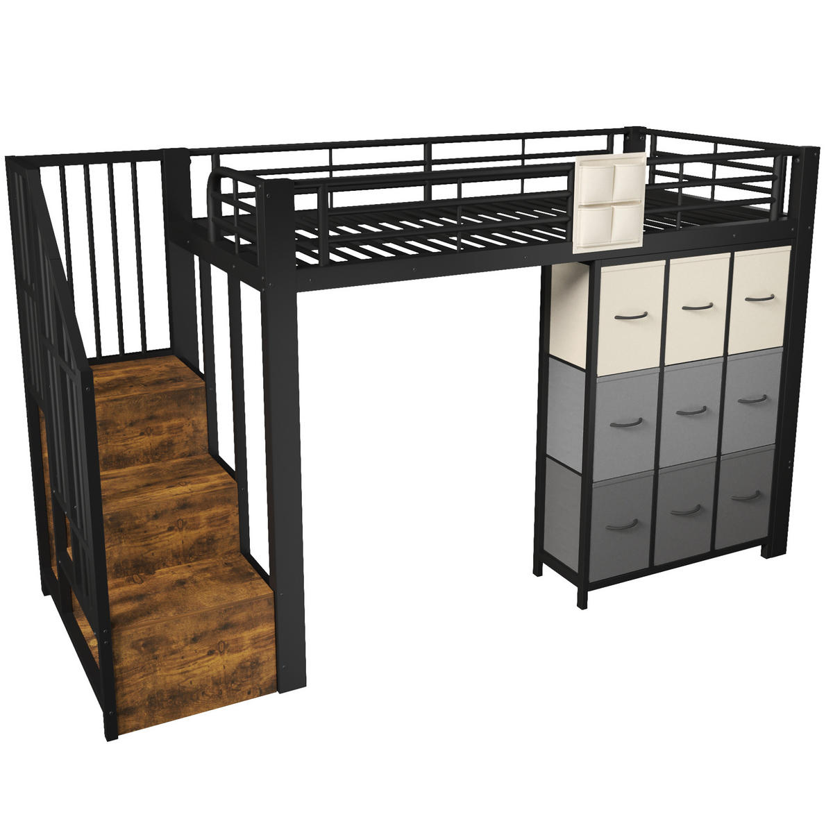 VISOKA postelja 90/200 cm črno-bela s predali, garderobno palico in stopnicami za shranjevanje iz kovine in MDF - bela, leseni material (90/200cm) - OKWISH