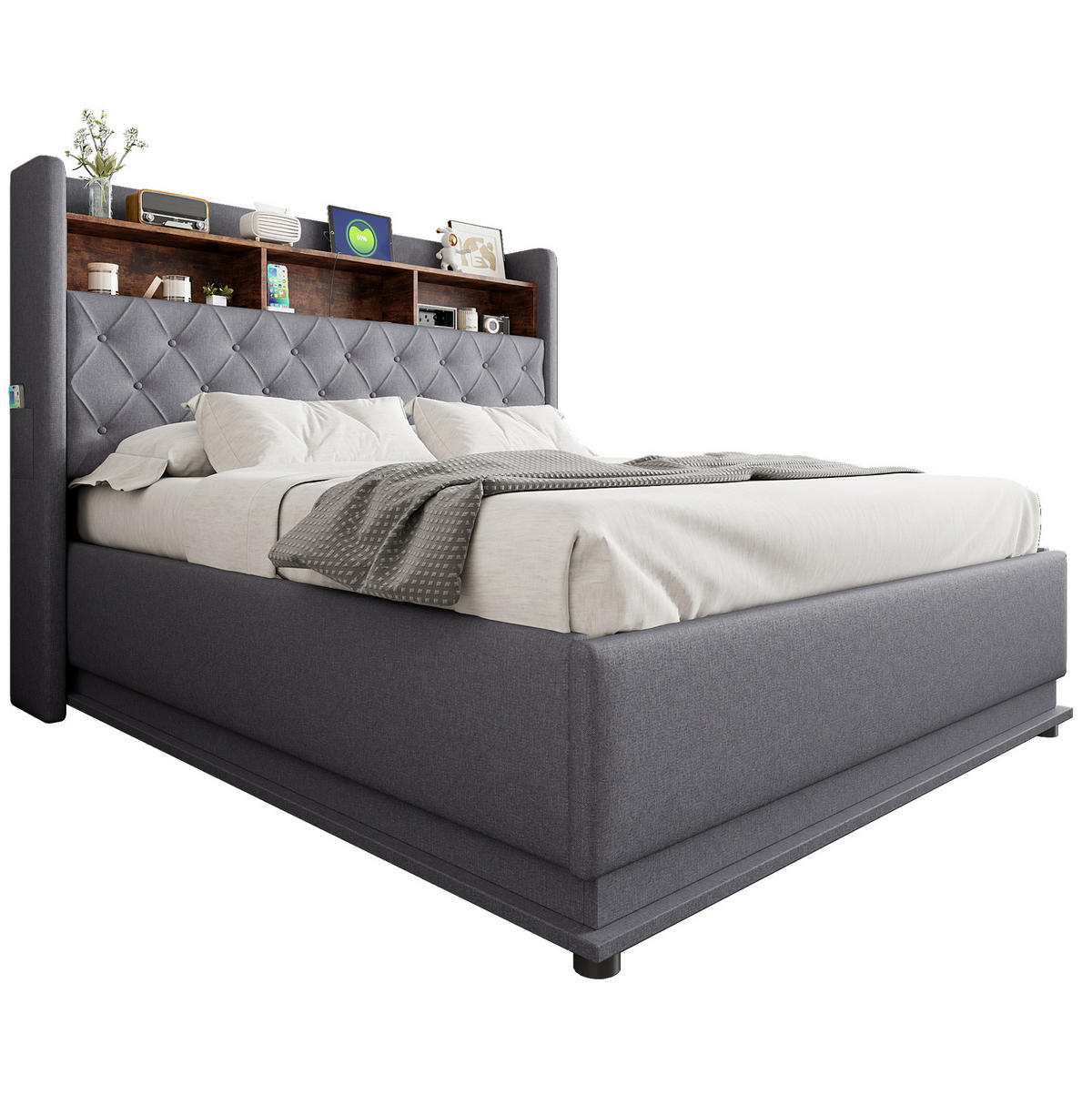 ČALÚNENÁ posteľ 160/200 cm s LED osvetlením, USB portom a hydraulickým úložným priestorom, Sivá - sivá, textil (160/200cm) - Redom