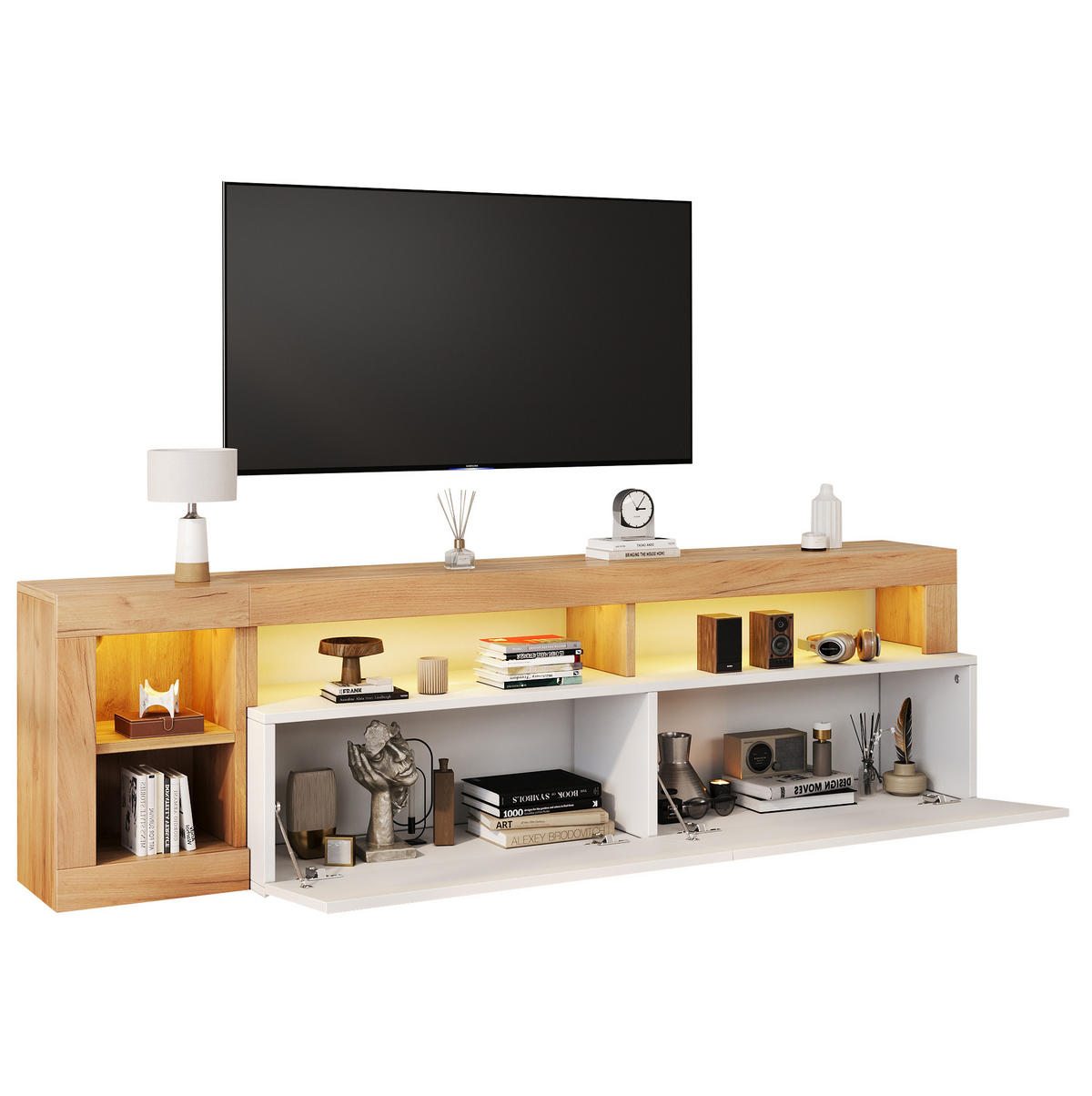 TV stolek 184/42/58 cm bílý z dřevotřísky s LED osvětlením a úložným prostorem - bílá, kompozitní dřevo (184/58/42cm) - OKWISH