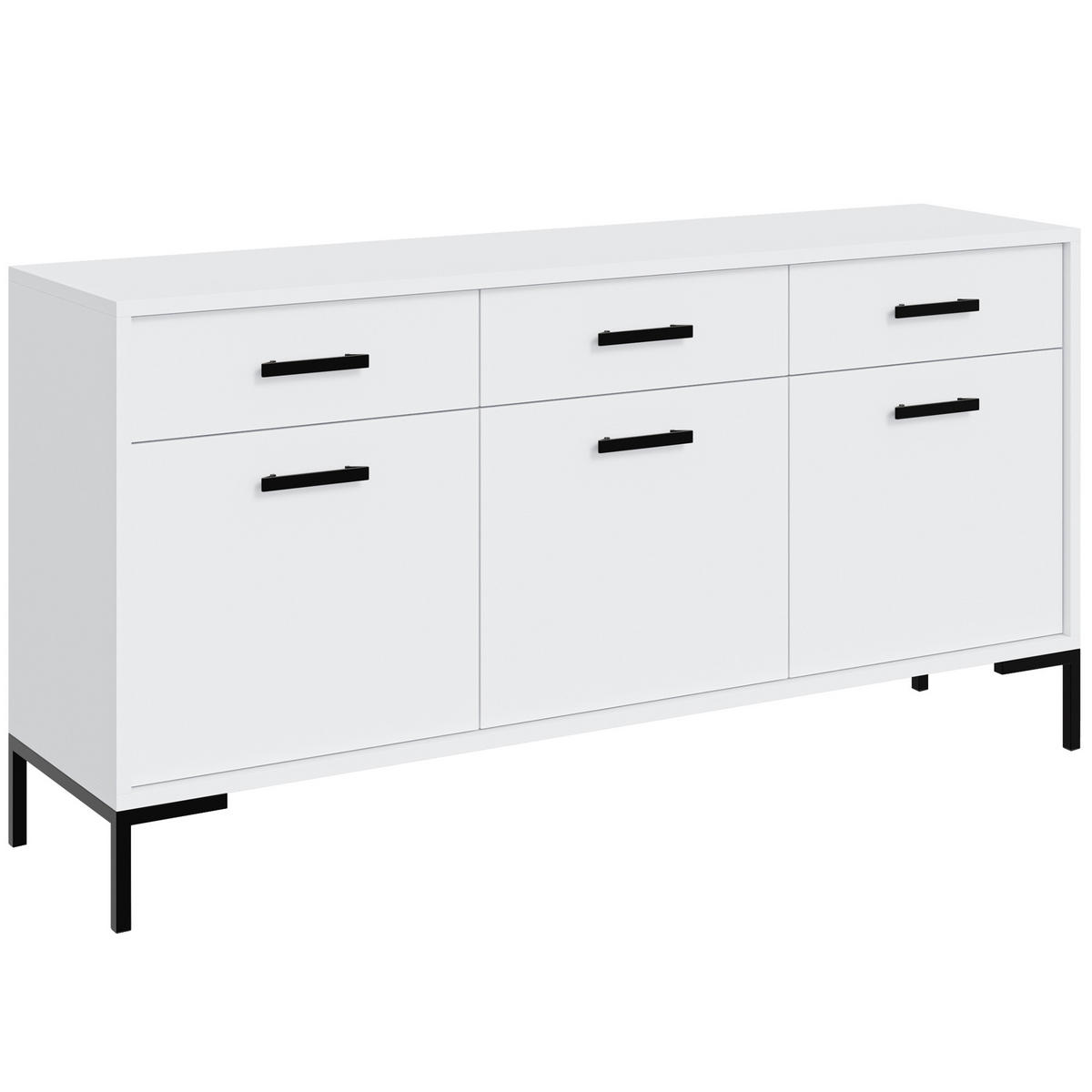 KOMODA Selena se 3 dvířky a 3 zásuvkami, kovové nohy, tiché dovírání, bílá, 150 cm - bílá/černá, kov/kompozitní dřevo (150/85/40cm) - Beautysofa