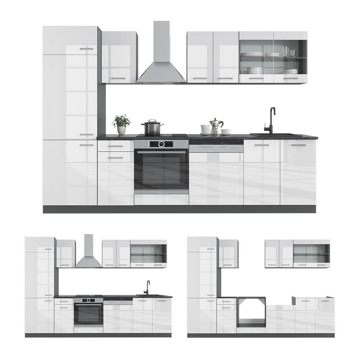 KITCHENETTE R-Line Alb lucios/antracit 300 cm , AP Stejar - alb lucios/antracit, compozit lemnos (300/206.8/60cm) - Vicco