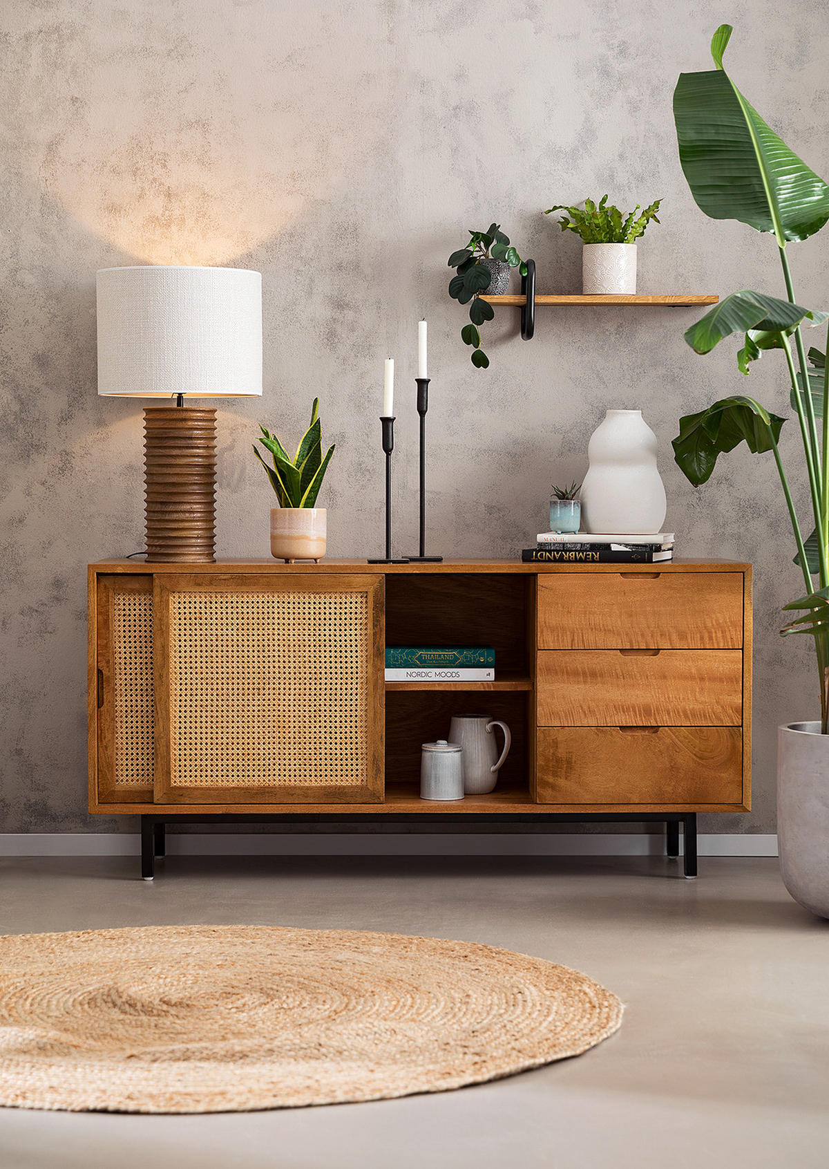 SIDEBOARD - Mango massiv / Wiener Geflecht - Beige/Schwarz, Holz (160/76/43cm) - home24