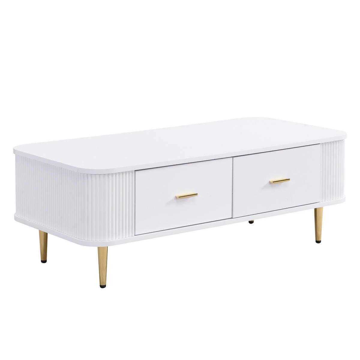 COUCHTISCH mit Schubladen geschwungenen Ecken goldenen Griffen Weiß - Goldfarben/Weiß, Holzwerkstoff (105/51/38cm) - EVRYAE