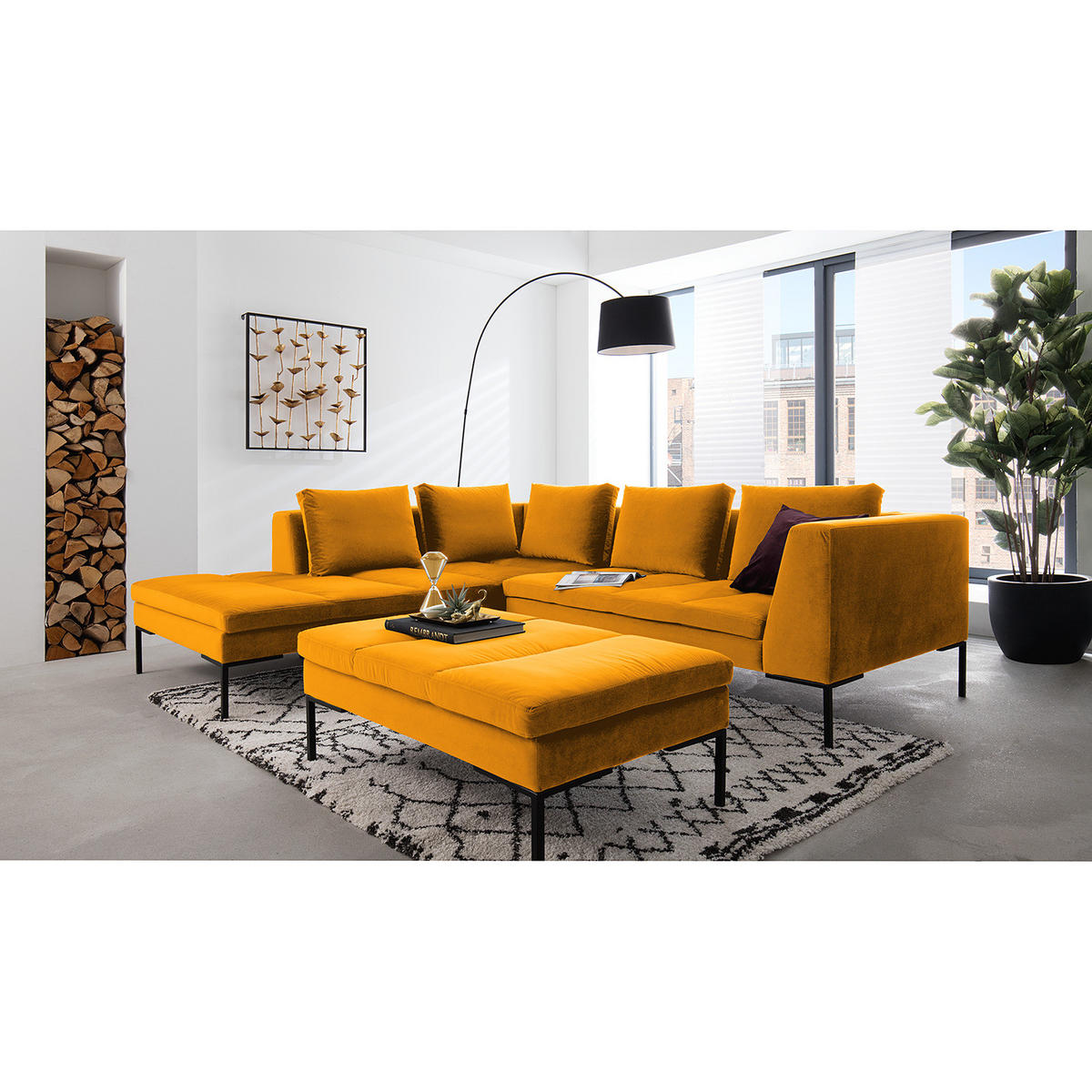 ECKSOFA mit Ottomane - Gelb/Schwarz, Textil/Metall (255/230cm) - home24