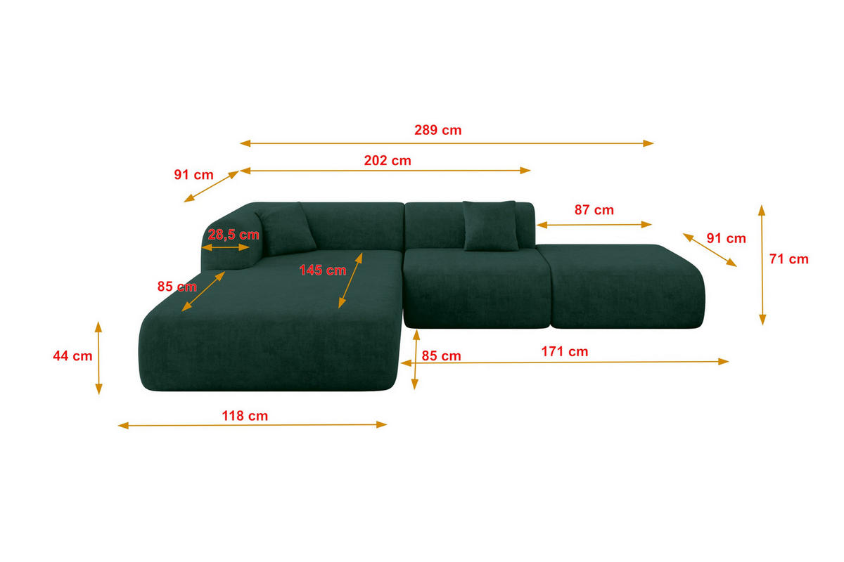 ECKSOFA Ottomane Links OVLY-L 289x176x71 Grün Samt - Jadegrün/Schwarz, Holzwerkstoff/Kunststoff (176/289cm) - ALTDECOR