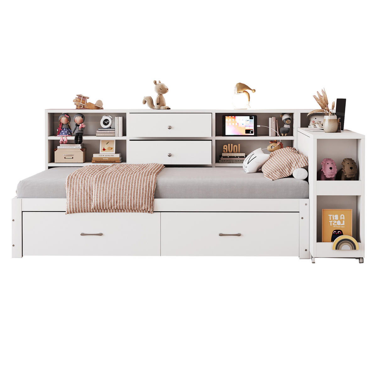 MULTIFUNKTIONSBETT aus Holz 90x200 cm Weiß mit Stauraum, ausziehbarem Schreibtisch, USB-Anschlüssen und Steckdose - Weiß, Holzwerkstoff (90/200cm) - Modfu