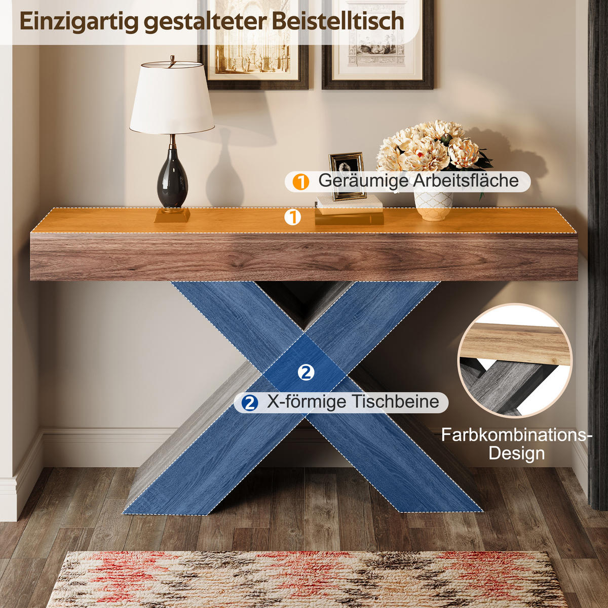 KONSOLENTISCH aus Spanplatte 140x30x80 cm Nussbaum mit X-förmiger Kreuzstütze - Walnussfarben, Holzwerkstoff (140/30/80cm) - IVMEU