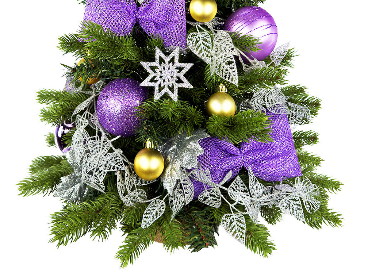 WEIHNACHTSBAUM künstlicher 60 cm mit LED-Beleuchtung, VIOLETTHARMONIE II, mit 28 Weihnachtsbaumschmuck, Pflanztopf mit Jutesack - Silberfarben/Lila, Kunststoff/Stein (40/60cm) - LAALU