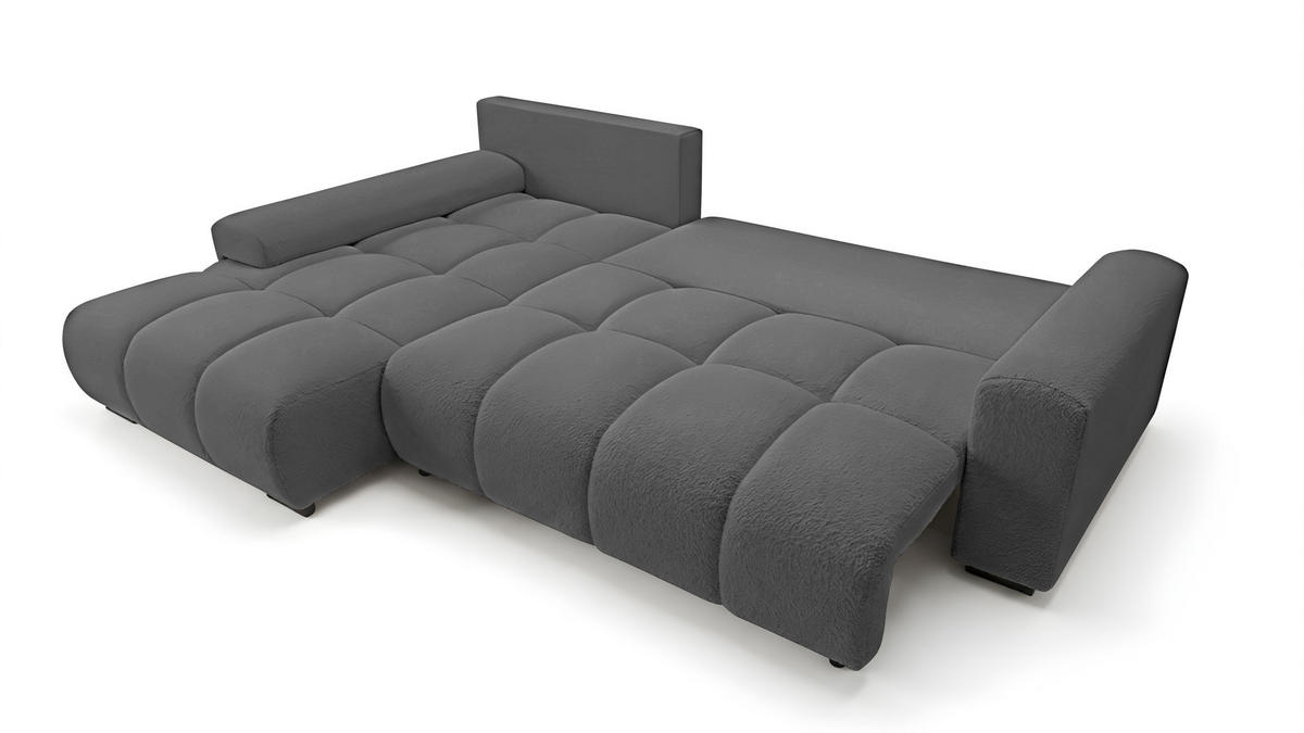 ECKSOFA Ovia mit Bettkasten und Schlaffunktion, Bouclé-Stoff in L-Form - Dunkelgrau, Textil (270/185cm)