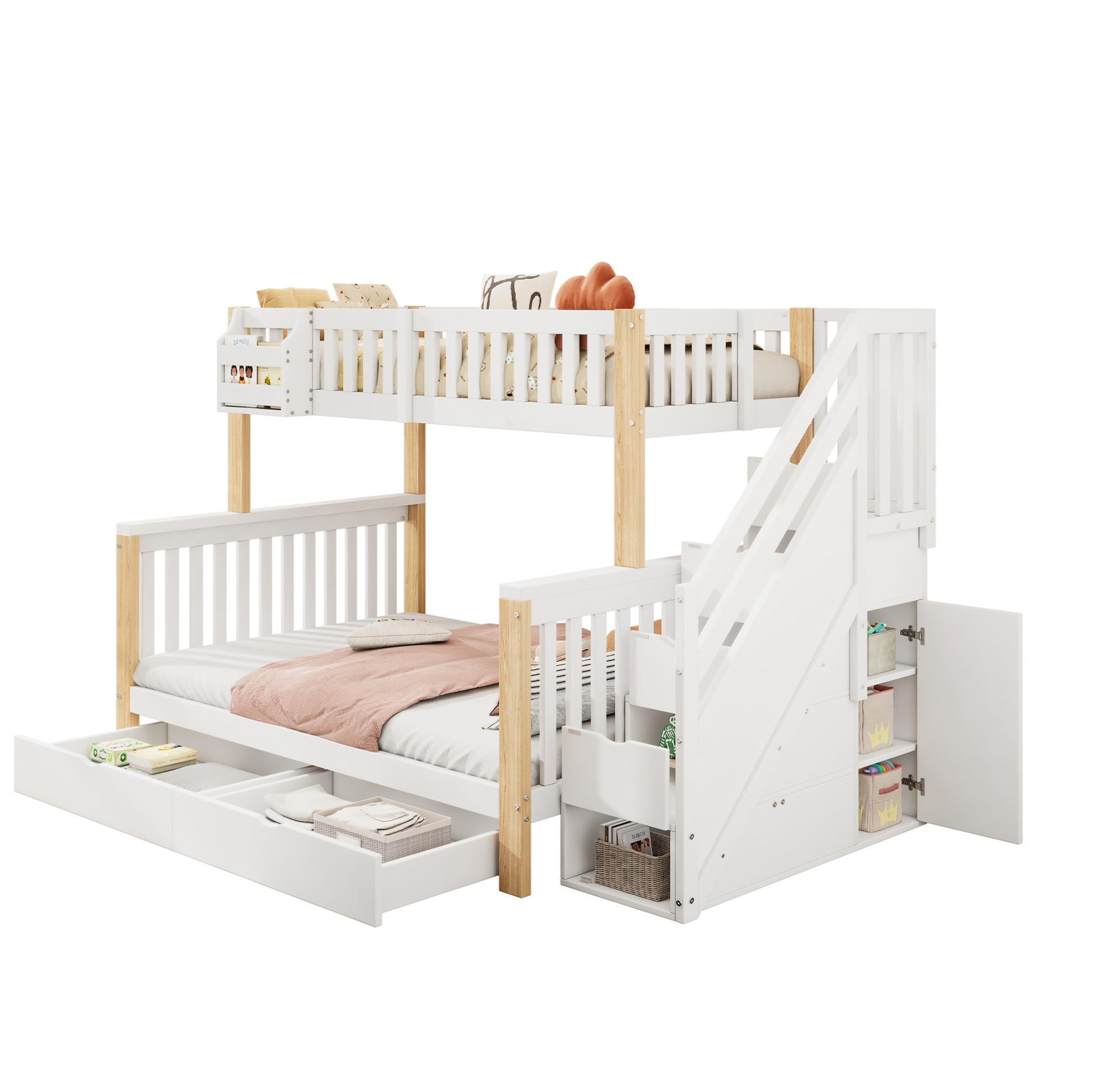 ETAGENBETT 90/140/200 cm in Weiß/Natur mit Treppenschrank und Stauraum - Weiß, Holzwerkstoff (90/200cm) - OKMYHOME