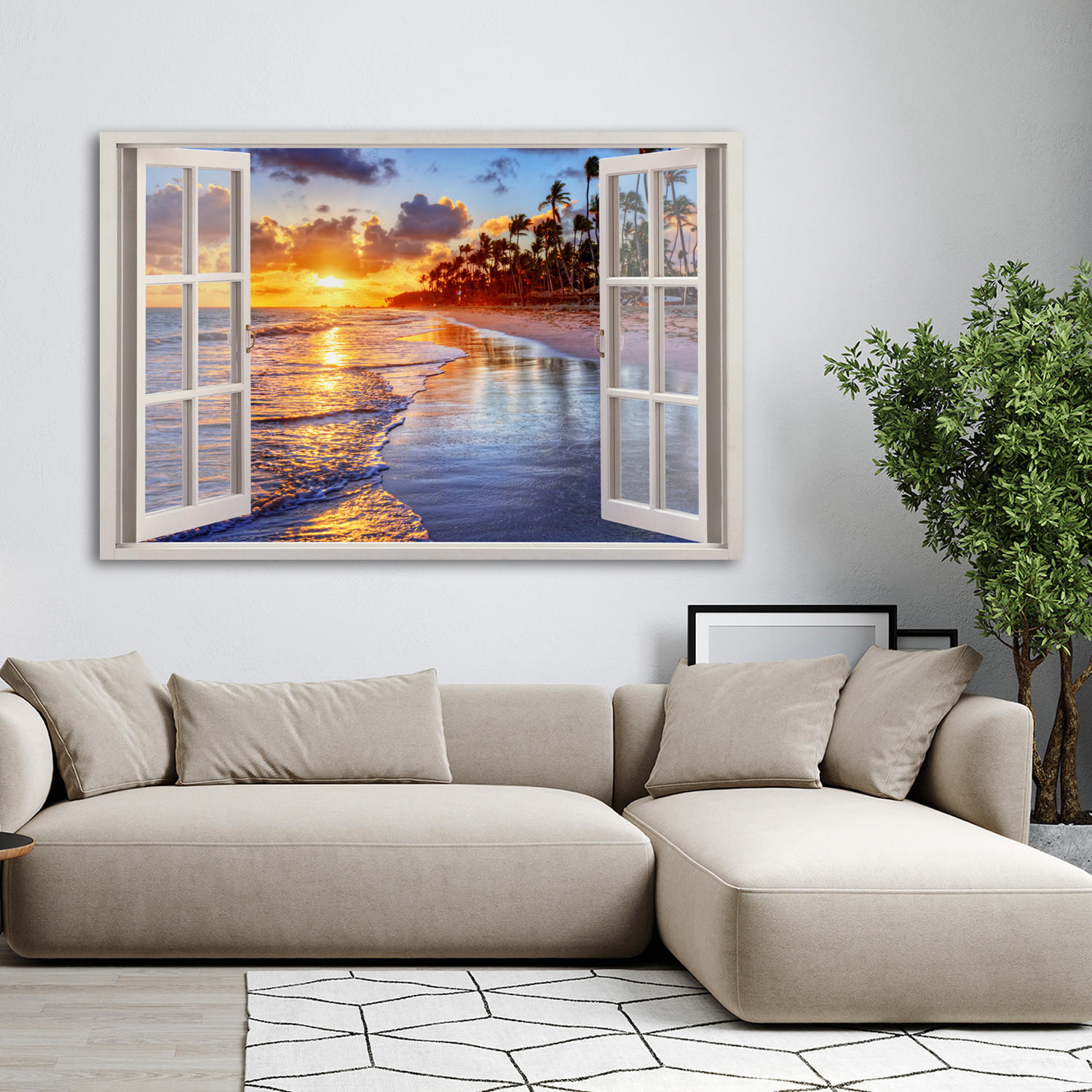 WANDBILD fensterblick sonnenuntergang am meer - Blau, Textil (60/40cm) - Feeby