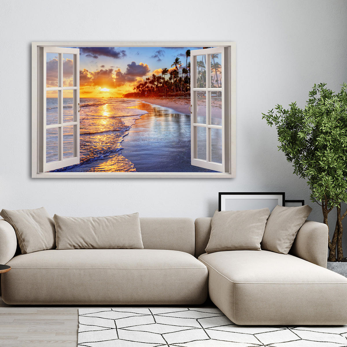 WANDBILD fensterblick sonnenuntergang am meer - Blau, Textil (60/40cm) - Feeby