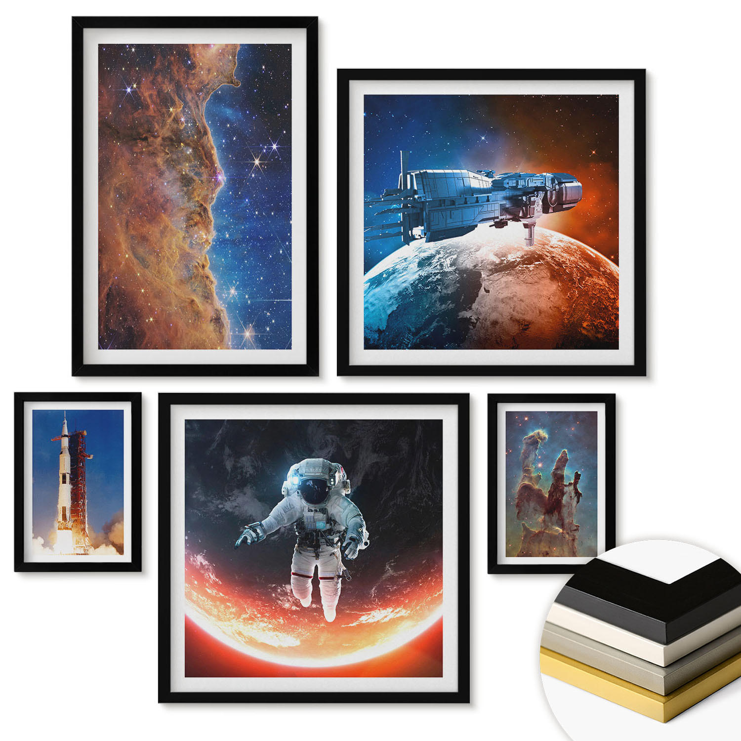 WANDBILDER 5er-Set - 50x50 cm & 20x30 cm & 40x60 cm Schwarzer Rahmen - Farbenfrohes abstraktes Porträt - Schwarz, Kunststoff (40/60cm) - ArtPrintCave