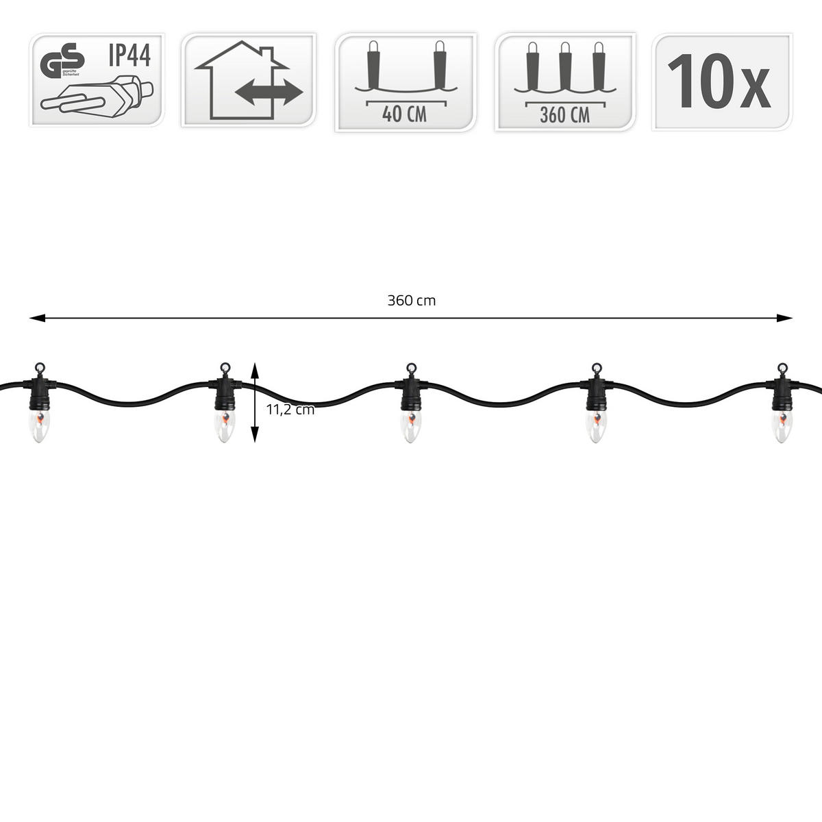 LICHTERKETTE mit Flammeneffekt 360 cm 10 Glühbirnen E14 Innen/Außen - Schwarz, Kunststoff (360cm) - ECD-Germany