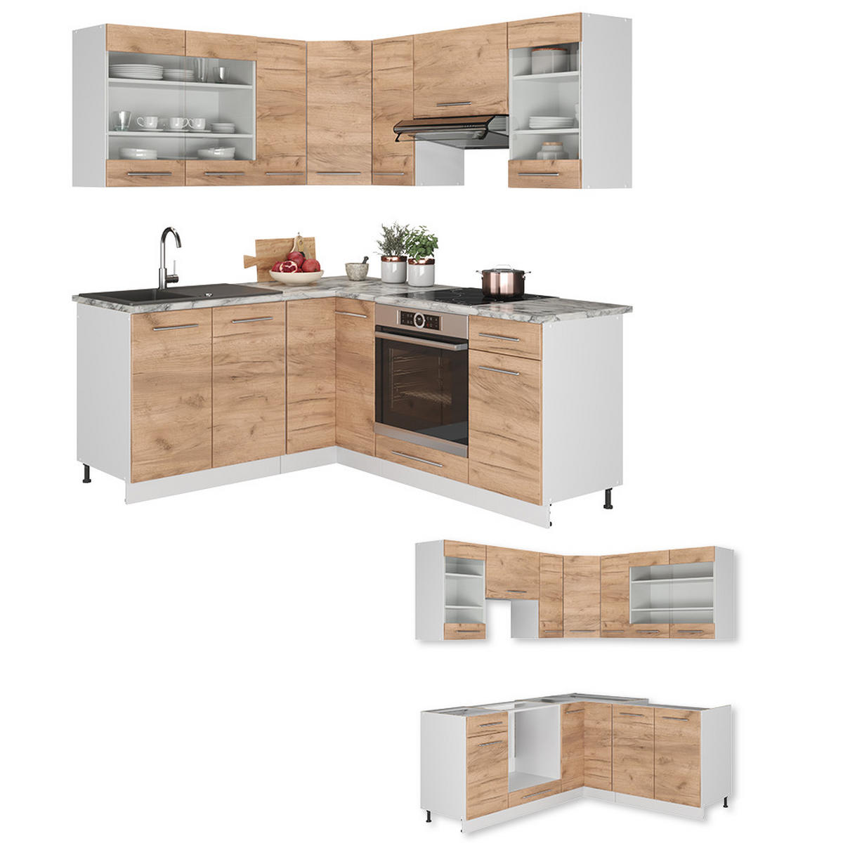 ECKKÜCHE Fame-Line Goldkraft Eiche/Weiß 160 x 60 cm ohne AP - Honigeiche/Eiche Wotan, Holzwerkstoff (190/81.6/46cm) - Vicco