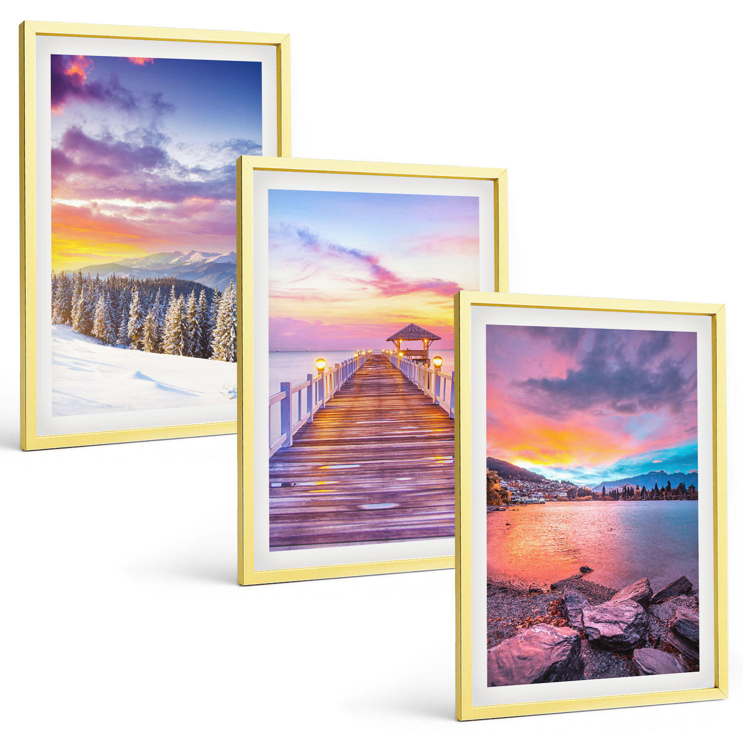 BILDER SET 3er Set - 40x60 cm Goldrahmen - Winterliche Bergseelandschaft - Goldfarben, Kunststoff (40/60cm) - TULUP