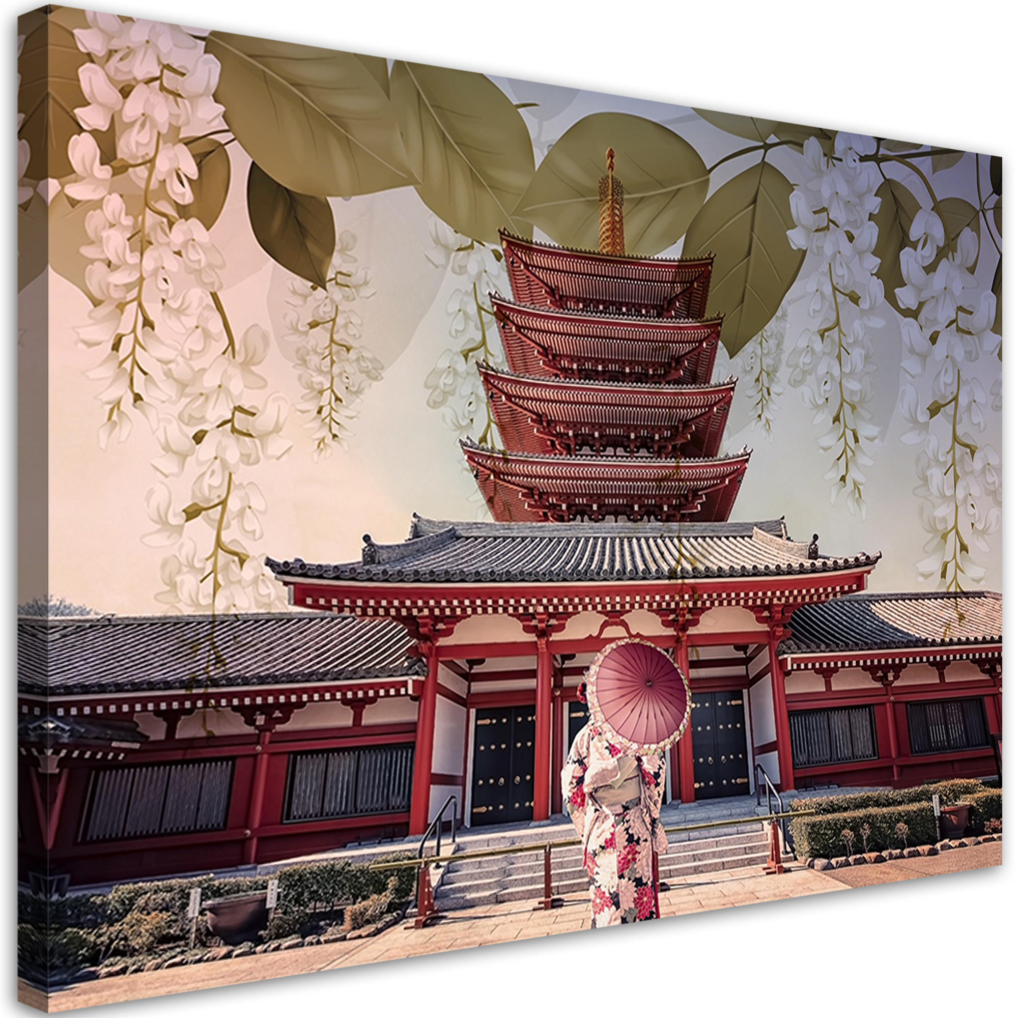 WANDBILD japanische geisha und tempel - Rot, Textil (60/40cm) - Feeby