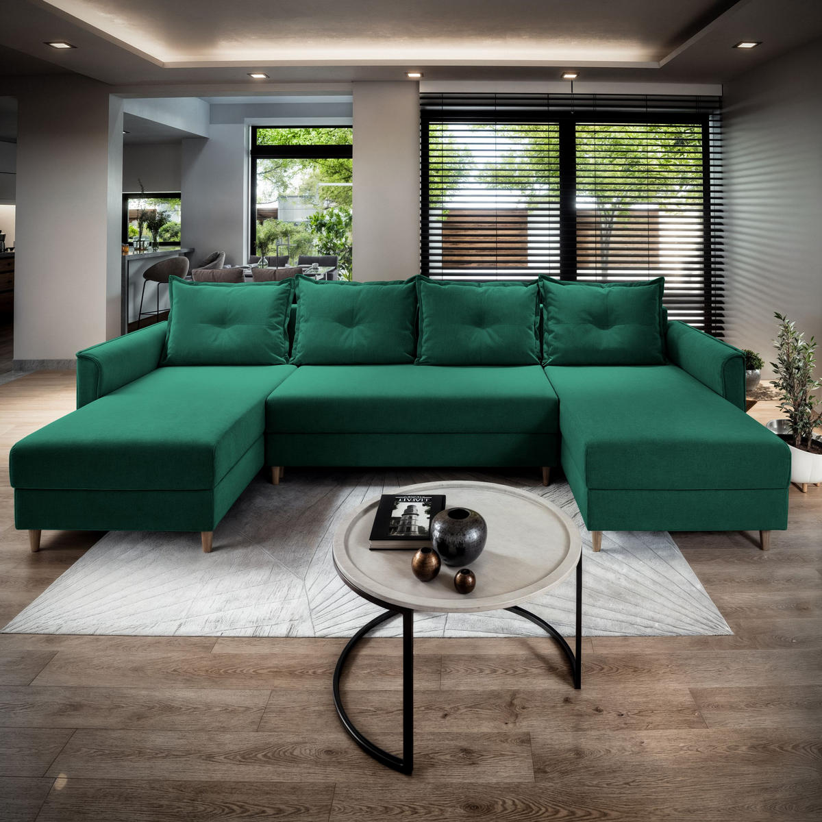 WOHNLANDSCHAFT VERNI Grün Plüsch-Stoff mit Schlaffunktion - Grün, Holz (285/91/143cm) - MASSENO