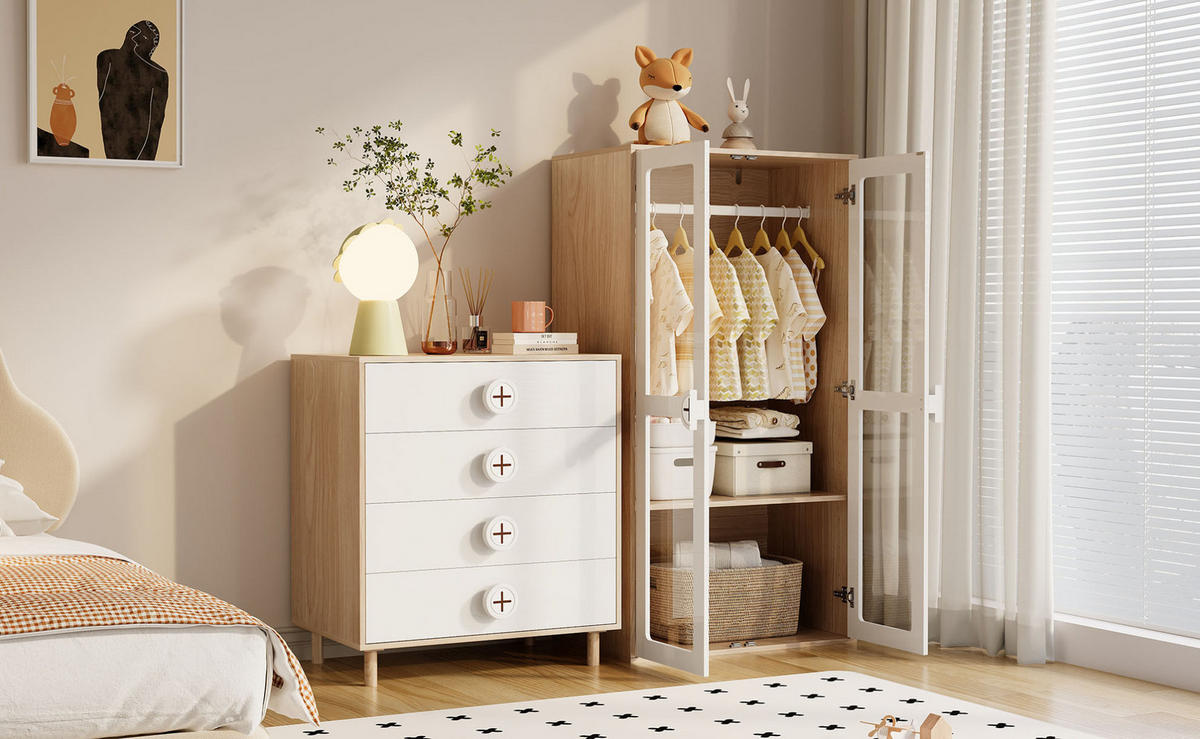 KOMMODE, 4 Schubladen, mit lackierten Fronten und Holzoptik, 80x54x90 cm, NaturalxWeiß - Naturfarben, Holzwerkstoff (54/90/80cm) - Modfu