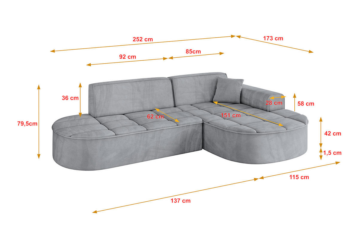 ECKSOFA Ottomane Rechts LIVO-L1 - 252x173x79,5 cm Hellgrau - Grau, Holzwerkstoff/Textil (252/173cm) - ALTDECOR