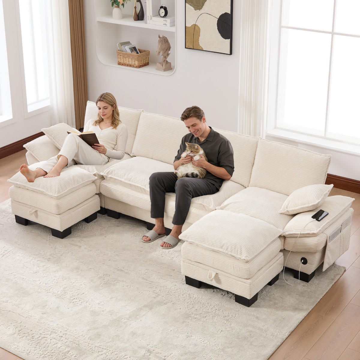 WOHNLANDSCHAFT Cord Beige mit USB-C, Seitentaschen und 2 Hockern - Beige, Holzwerkstoff/Kunststoff (330/84/132cm) - WISHDOR
