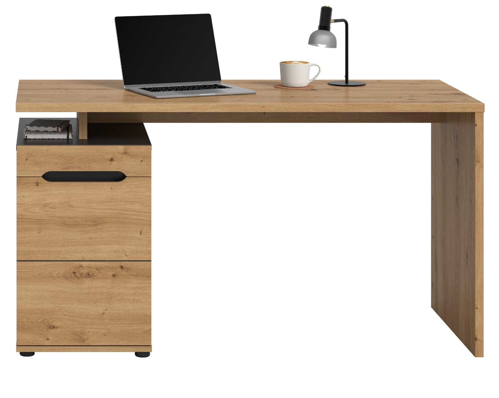 SCHREIBTISCH Eiche Artisan, Grau 138 cm, Container mit Soft-Close - Schwarz/Eiche Artisan, Holzwerkstoff/Kunststoff (60/138/75cm) - Inn.Furn
