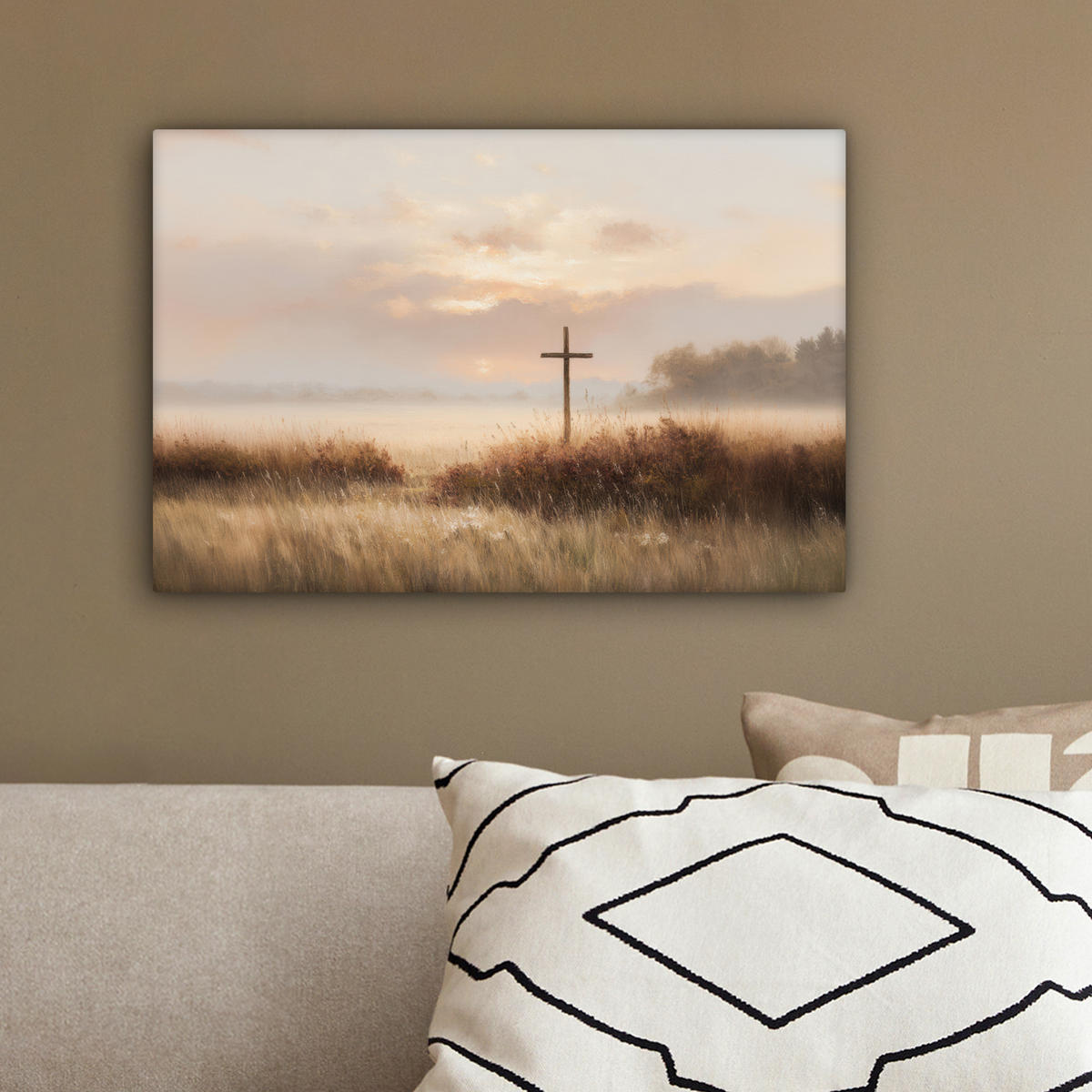 LEINWANDBILD Gras - Morgennebel - Kreuz - Christentum Deko Schlafzimmer 30x20 cm - Beige, Textil (30/20cm) - MuchoWow