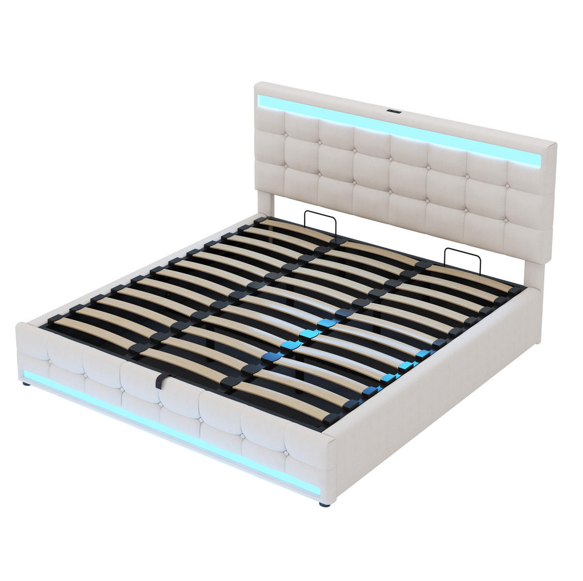 POLSTERBETT aus Leinenstoff 180x200 cm in Beige mit RGB-LED & 2 USB-Anschlüssen - Beige, Textil (180/200cm) - Modfu