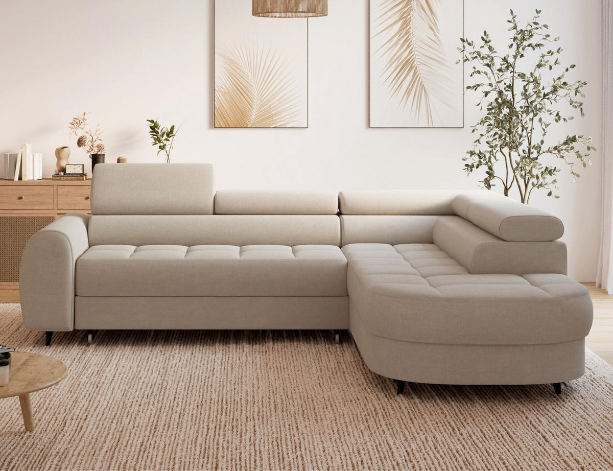 ECKSOFA Vesteria mit Schlaffunktion und Bettkasten – Modernes Design, verstellbare Kopfstützen und hoher Sitzkomfort - Beige, Kunststoff (279/72cm) - Wohnideebilder