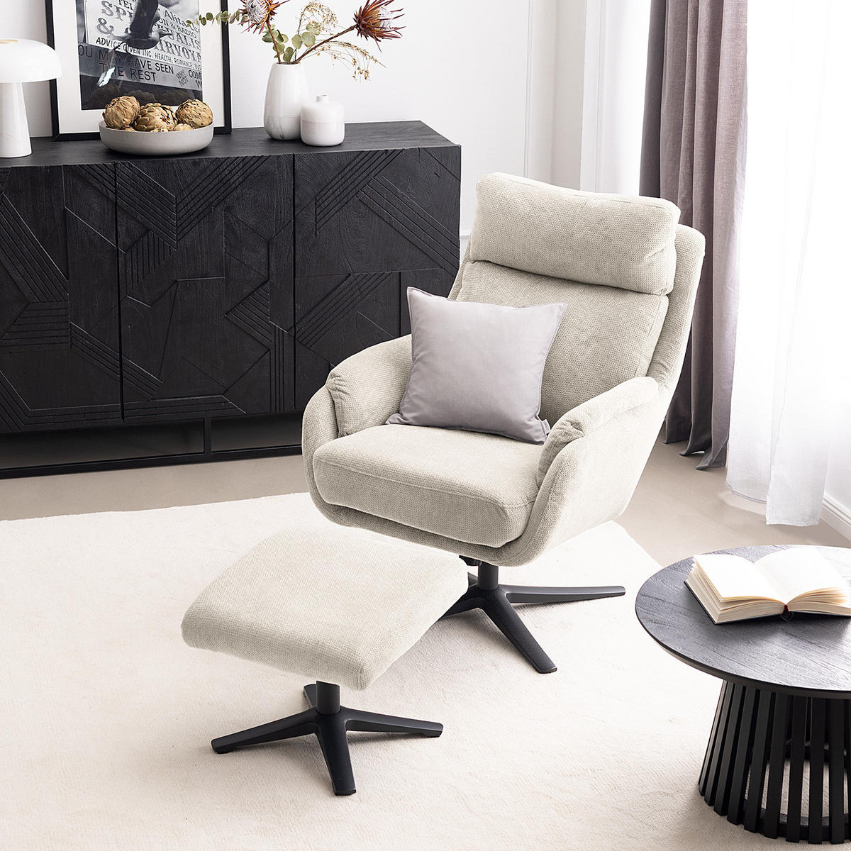 RELAXSESSEL mit Hocker - Creme/Schwarz, Textil/Metall (74/102/89cm) - home24